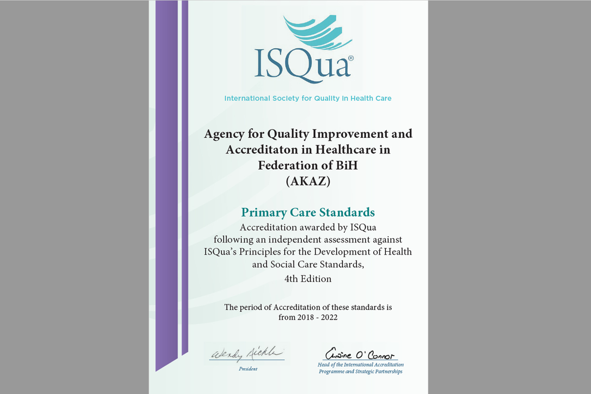 Akreditacija koje je AKAZ dobio od Međunarodne udruge za kvalitet u zdravstvu (ISQua) za Standarde za primarnu zdravstvenu zaštitu
